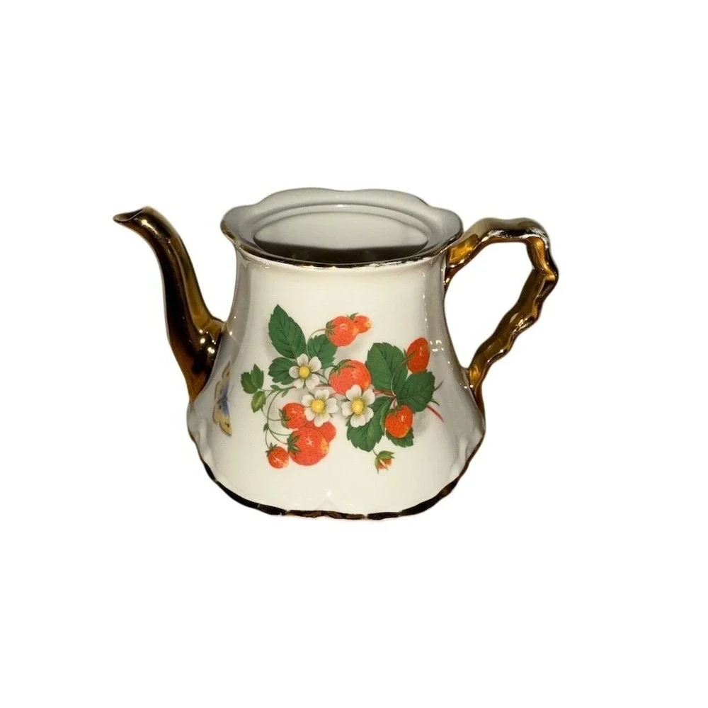 Vintage Bel-terr Strawberry Bone China Teapot‎ Multicolor 22 Kt gold trim no lid